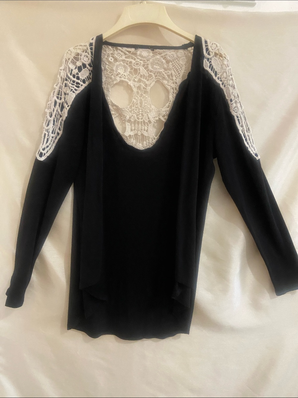 Black Long-Sleeve lightweight cardigan with crocheted skull and flowers